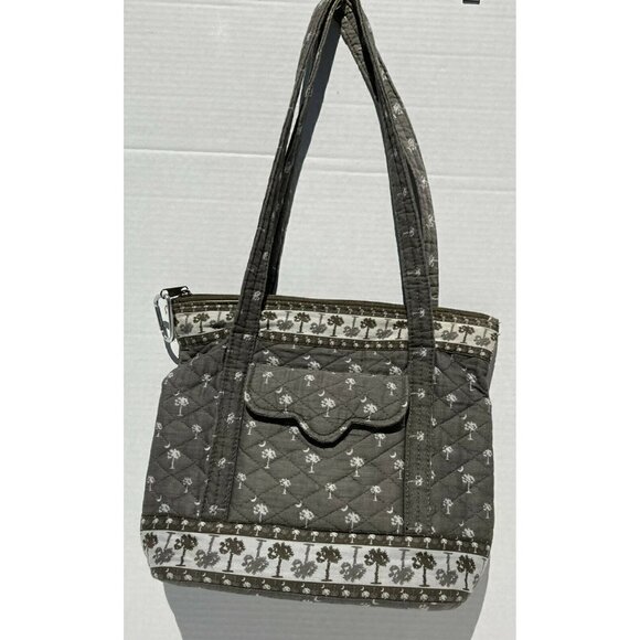 Quilted Shoulder Med Commuter Tote Handbag Neutral Gray White Palm Tree Print - Picture 6 of 7